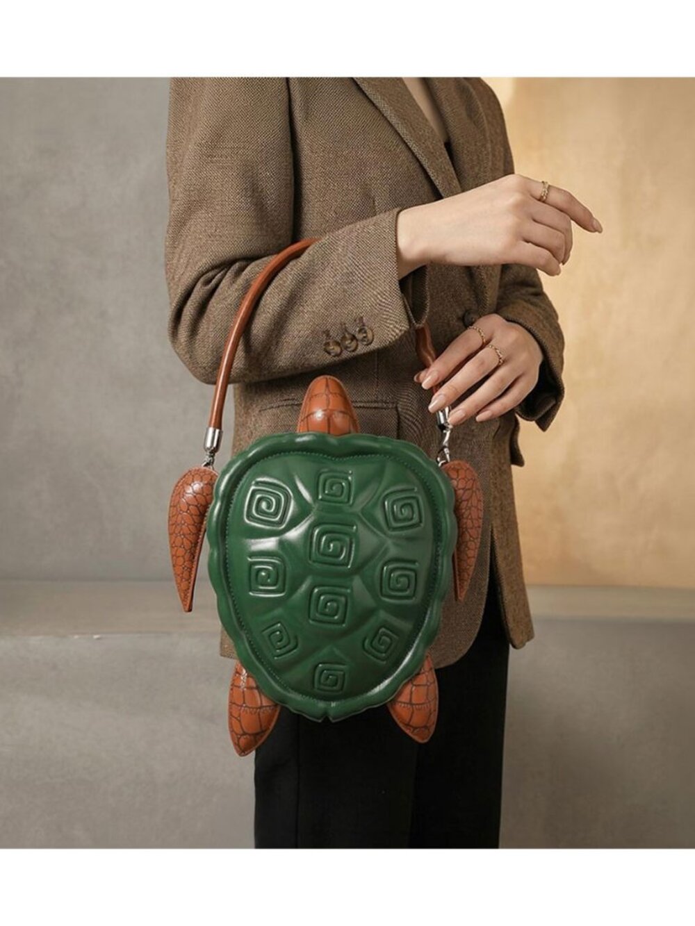 Tigerstars Green Brown Faux Leather Turtle Shape Crossbody Handbag